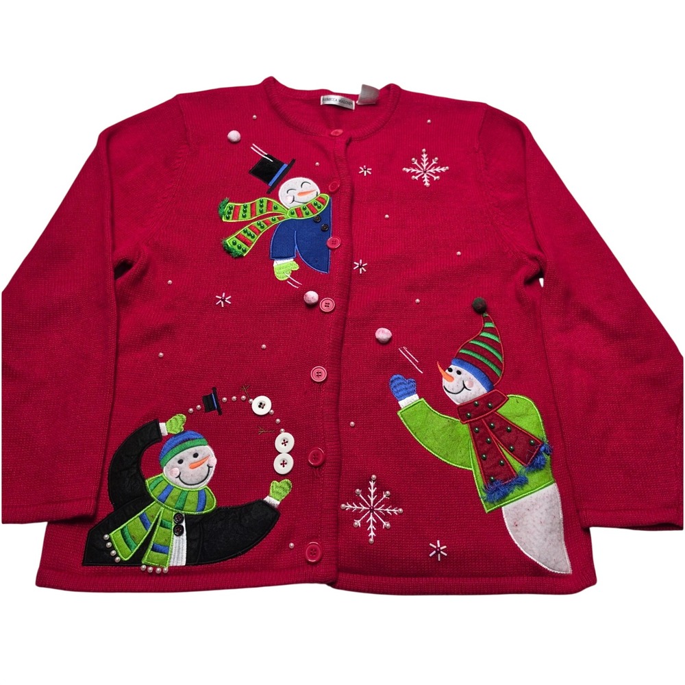 Rebecca Malone Red Snowman Christmas Holiday Cardigan Sweater Women Large L